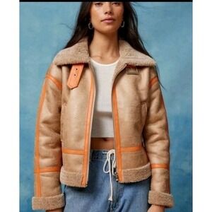 BDG Urban Outfitters Faux Shearling Aviator Jacket Sz M Tan Orange Trim Bomber